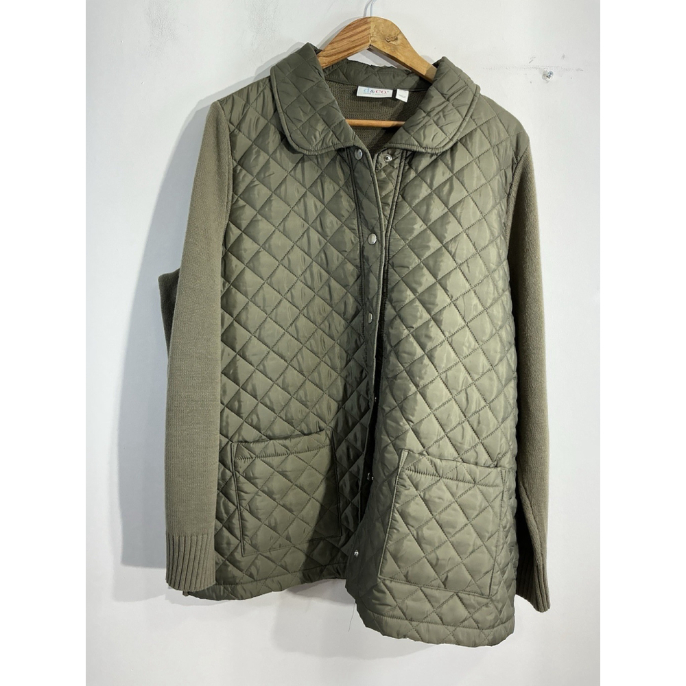 Womans D & Co XL Green Quilted Puffer Outdoor Sweater